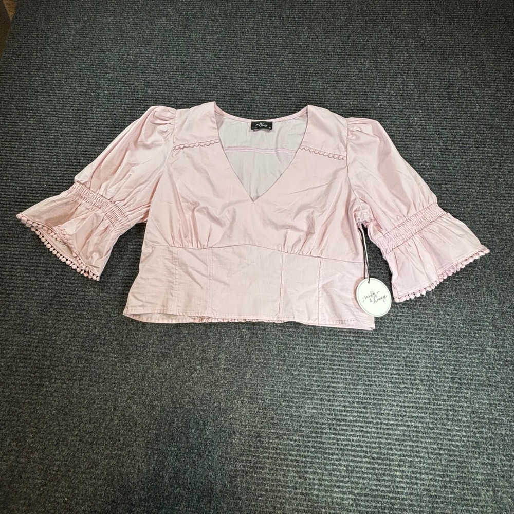 Milk & Honey Pink V-Neck Puff Sleeve Crop‎ Top Smocked Back Pom Pom Trim XL NEW
